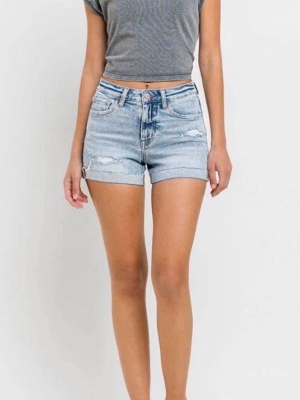 VERVET Blue Rebecca Light Blue Distressed Rolled Hem High Rise Denim Shorts - Picture 13 of 13